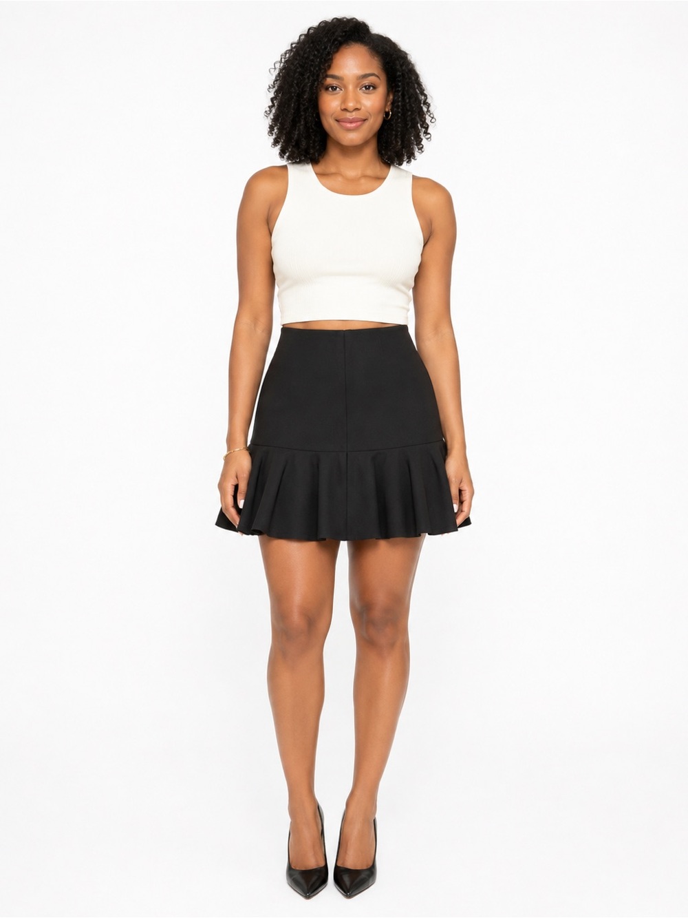 Akris Punto Black Flounce Hem Mini Skirt Size 10 Luxury Drop Waist 17 02 6327 00